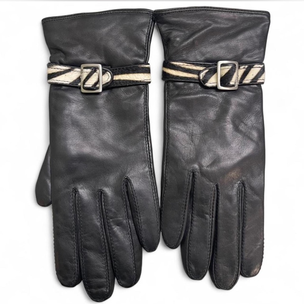 Vintage Ann Taylor Genuine Leather Black Gloves with Zebra Print Detail